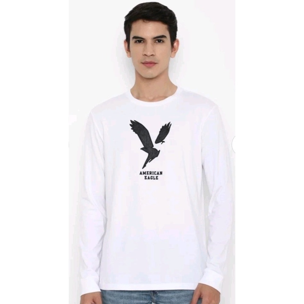 American Eagle T-Shirt Mens M White Blue Y2k Embroidered Logo Preppy Long Sleeve